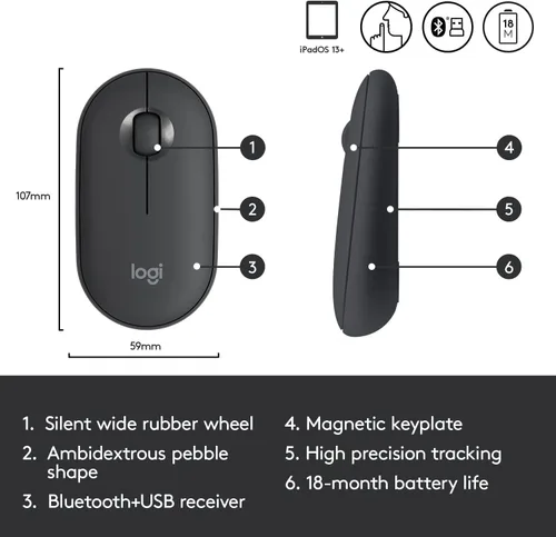 Miniatura 5 de Logitech Pebble i345 Ratón inalámbrico Bluetooth para iPad - Grafito