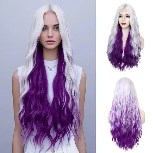 Miniatura 26 de Peluca azul larga natural ondulada sintética de fibra resistente al calor, peluca azul con ondas de agua para Halloween, cosplay, fiesta diaria Azul