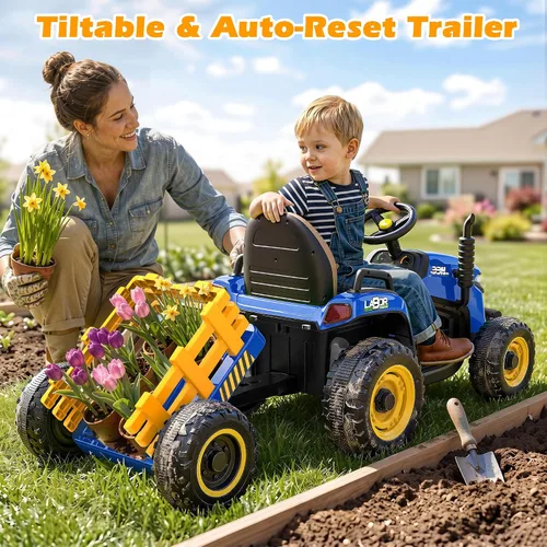 Miniatura 2 de ARBELI Tractor de paseo de 12 V 7 AH con remolque inclinable y control remoto, motores de 2 x 45 W, Bluetooth, música, palanca de cambios, juguetes