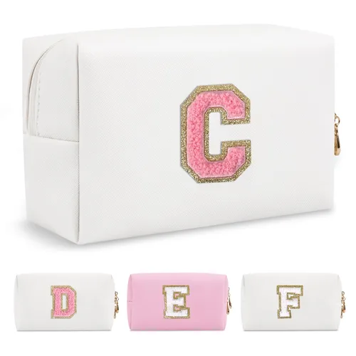 Miniatura 129 de Pequeña bolsa de maquillaje personalizada con inicial A-Z Preppy Patch, bolsa de cosméticos de viaje de felpilla blanca con cremallera, bonita bolsa