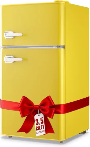 WANAI Mini refrigerador de 2 puertas y 2 manijas con congelador en la parte superior, espacioso refrigerador pequeño de 3.5 pies cúbicos con Amarillo