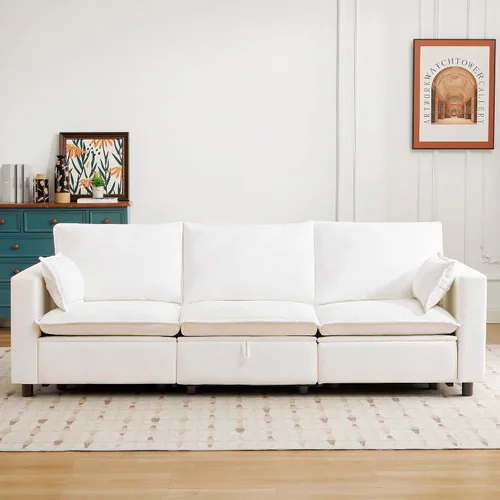 Miniatura 8 de Sofá reclinable eléctrico de gran tamaño, sofá reclinable de chenilla blanco crema con reposacabezas ajustable, almohadas, juego de muebles