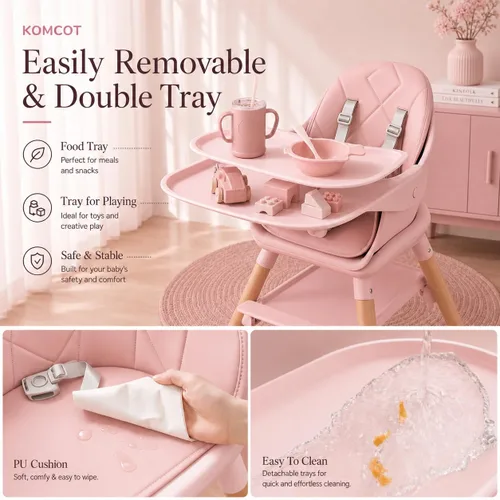 Miniatura 5 de Silla alta para bebé, sillas altas convertibles de madera 6 en 1 para niños pequeños, asiento elevador con doble bandeja y reposapiés reversible