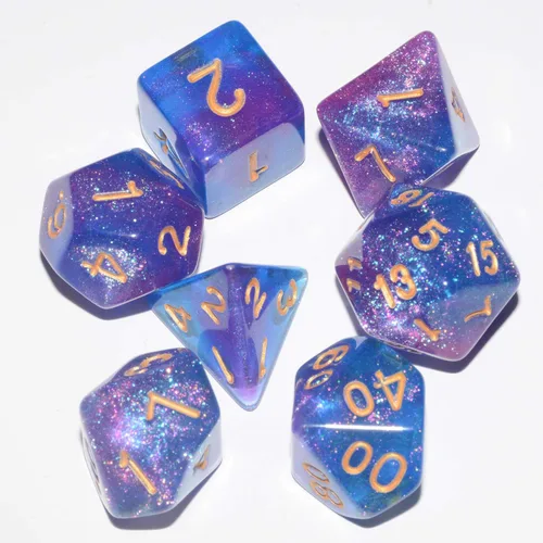 Miniatura 3 de Dados DND Galaxy de 7 piezas, con purpurina cósmica, morado y azul, mezcla de dados DND poliédricos para RPG MTG