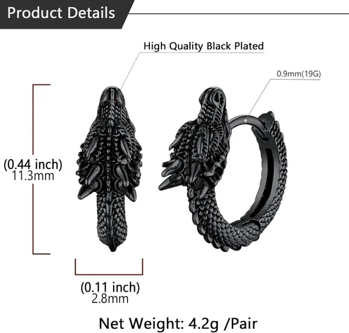 Miniatura 5 de U7 Aretes punk rock para hombres y mujeres, hipoalergénicos, de acero inoxidable, oro de 18 quilates, negroplata de ley S925, aretes de dragón