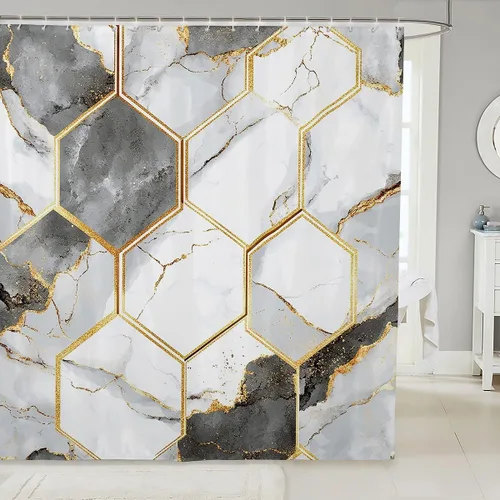 Feelyou Cortina de baño de mármol para mujeres y hombres, cortina de ducha hexagonal geométrica para bañeras, niños, blanco, gris, dorado, juego de