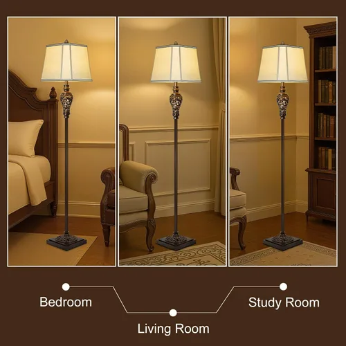 Miniatura 5 de Lámpara de pie vintage con luz nocturna, lámpara de pie retro de 65 pulgadas con acabado marrón y pantalla de seda sintética beige, lámpara alta