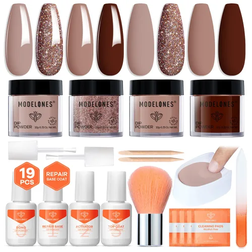 Miniatura 15 de Modelones - Kit de polvo de inmersión para uñas, 4 colores transparente, nude, blanco, rosa, set de iniciación con líquido y accesorios completos