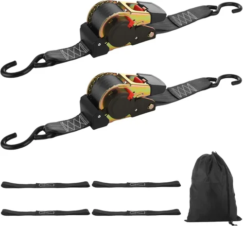 Paquete de 2 correas de trinquete retráctiles de 2 pulgadas, correas de amarre autorretráctiles de 15 pies con gancho en S, resistencia a la rotura