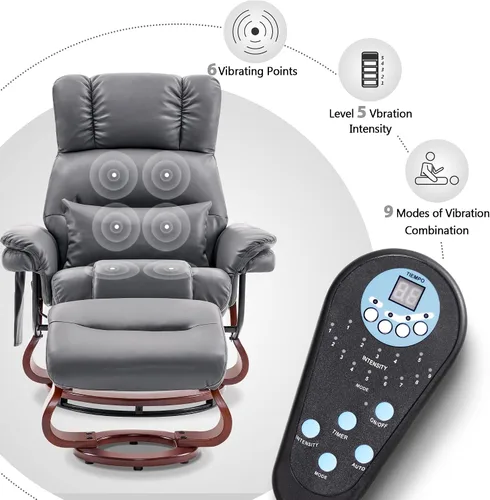 Miniatura 5 de MCombo Sillones reclinables giratorios con otomana, sillas reclinables de TV con masaje por vibración, silla ergonómica de piel sintética para sala