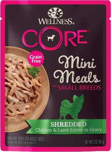 Wellness CORE - Mini comidas para razas pequeñas trituradas en salsa para perros adultos, sin granos, natural, receta de entrada de pollo y cordero,