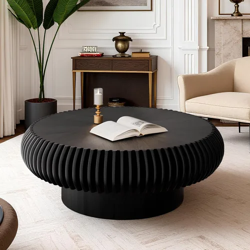 Miniatura 10 de Mesa de centro redonda acanalada de 31.5 pulgadas, moderna mesa de centro de madera para sala de estar, mesa central de alivio hecha a mano