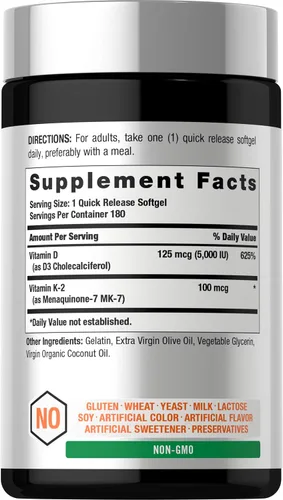 Miniatura 2 de Horbäach Vitamina D3 K2 5000 UI Complejo de 100 mcg MK-7 180 Cápsulas Blandas Suplemento sin OMG y sin gluten