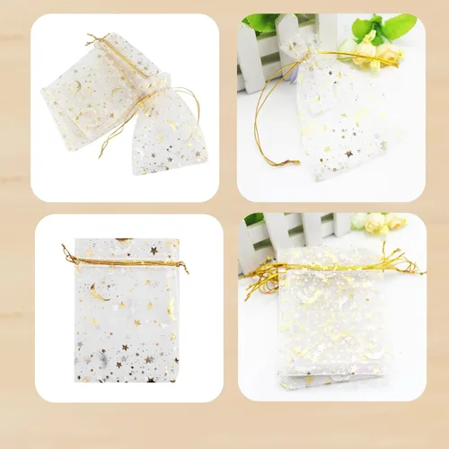 Miniatura 4 de QIANHAILIZZ - 100 bolsas de organza con diseño de estrellas y lunas para joyas, para regalo de caramelos, regalo de matrimonio, con cordón