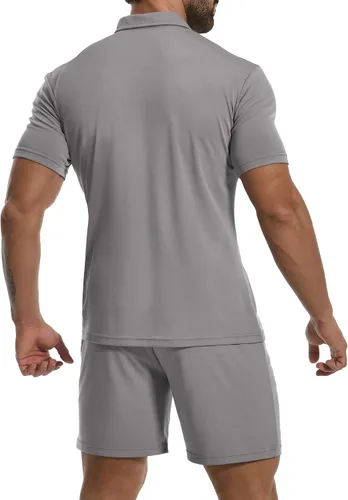 Miniatura 3 de YTD Conjunto de camisa polo y pantalones cortos casuales de manga corta para hombre, conjunto de dos piezas de verano con cremallera para hombre
