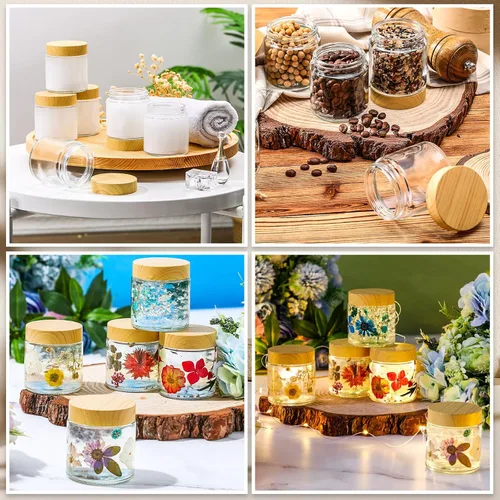 Miniatura 5 de Norme 120 tarros de vidrio de 4 onzas con tapas, recipientes de vidrio vacíos con tapas de grano de madera y revestimientos interiores