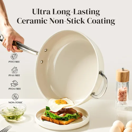 Miniatura 5 de Redchef Sartén Salteadora de Cerámica con Tapa, Sartén Profunda Antiadherente para Freír, Cocinera Jumbo de 5QT con Mango Auxiliar y Tapa, Sartén