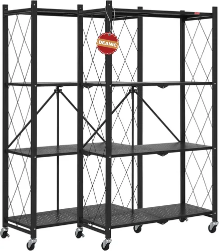 DEANIC Estantes de almacenamiento plegables de 4 niveles con ruedas, estantería de gran capacidad, estante de alambre de metal independiente, Negro