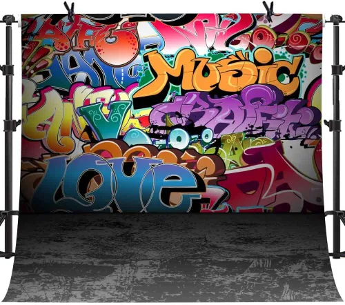 Miniatura 9 de Telones de fondo de fotografía de graffiti de 5 x 3 pies, colorido hip hop urbano temática sesión de fotos de regreso a la fiesta temática