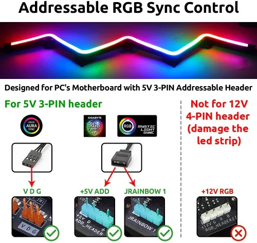 Miniatura 5 de NEON - Tira LED RGB direccionable para PC, 2 x 15.7 pulgadas, WS2812 RGB Rainbow Magnetic, ARGB para 5V 3 pines Aura SYNC, fusión Gigabyte RGB, Neon