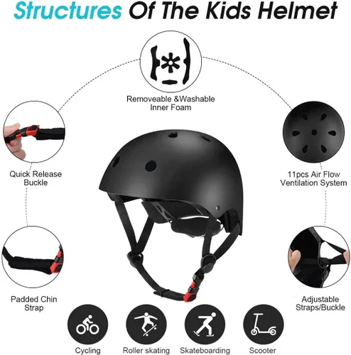 Miniatura 4 de Casco ajustable para niños de 5 a 16 años, niños pequeños, niños y niñas, equipo de protección con rodilleras, coderas y muñequeras para múltiples