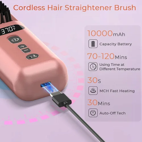 Miniatura 2 de Cepillo alisador de pelo inalámbrico 10000mAh: peine caliente eléctrico para cabello de mujeres negras - Cepillo alisador portátil de iones