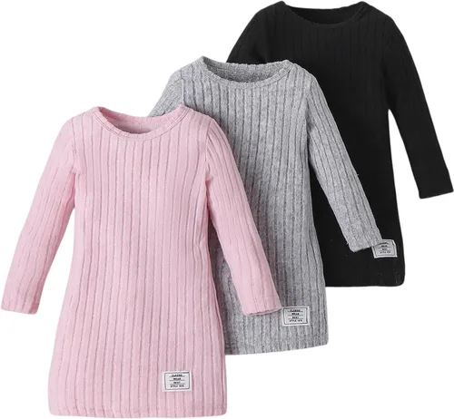 Vestidos para niñas, Juego de 3 vestidos para niñas pequeñas de manga larga de color sólido, elegantes y casuales, con diseño acanalado, talla 2-8