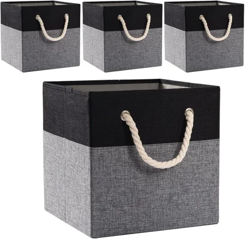 Miniatura 19 de PRANDOM Contenedores plegables grandes de almacenamiento de 11 x 11 pulgadas [paquete de 4] cestas de almacenamiento de tela de lino, cubos con asas