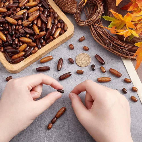 Miniatura 3 de AHANDMAKER 240 cuentas de madera ovaladas naturales, 6 cuentas espaciadoras de madera teñidas, cuentas de tubo de madera teñidas de color marrón