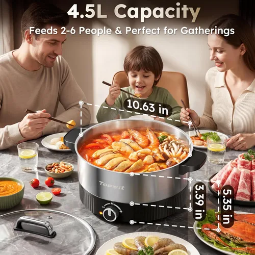 Miniatura 5 de TOPWIT Olla eléctrica de 4.5 L, olla eléctrica de acero inoxidable con ajuste de potencia doble, olla eléctrica de calentamiento rápido de 1200 W