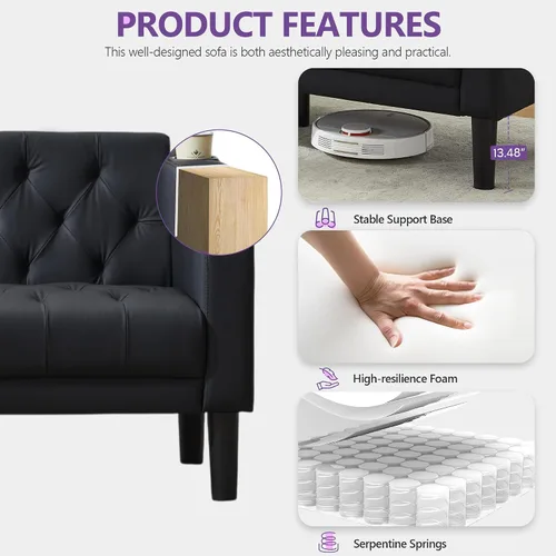 Miniatura 6 de TYBOATLE Sofá loveseat de 62" de ancho con 2 puertos de cargador USB y 2 portavasos, sofá de amor pequeño tapizado de cuero negro estilo moderno