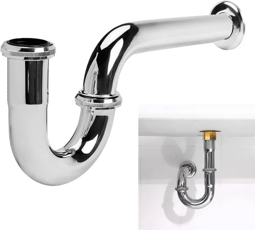 Trampa de desagüe P para lavabo de acero inoxidable - 1 1/4 pulgadas con arandela reductora, acabado cromado, color plateado