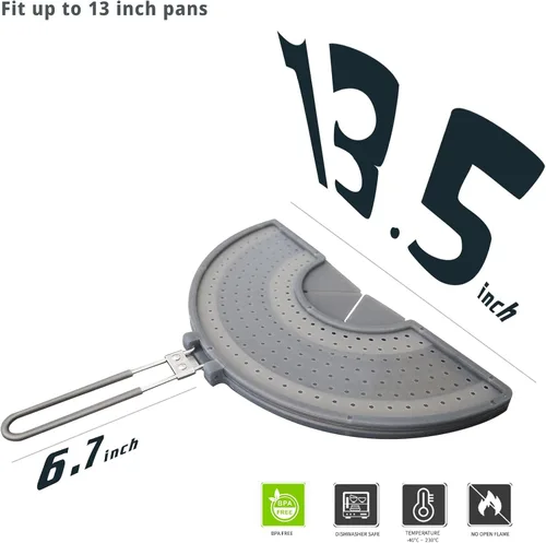 Miniatura 2 de Pantalla plegable para salpicaduras con mango para sartenes de 10-13", silicona, sin BPA, Agarre resistente al calor, cubierta de sartén que