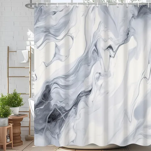 Miniatura 51 de Cortina de ducha abstracta de mármol negro gris y dorado con grietas, cortina de baño moderna ombre impresa, cortina impermeable y lavable de tela