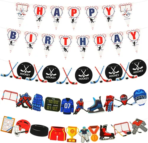 Outus 5 pancartas de cumpleaños de hockey sobre hielo, suministros de fiesta, suministros de decoración para fanáticos del hockey para cumpleaños