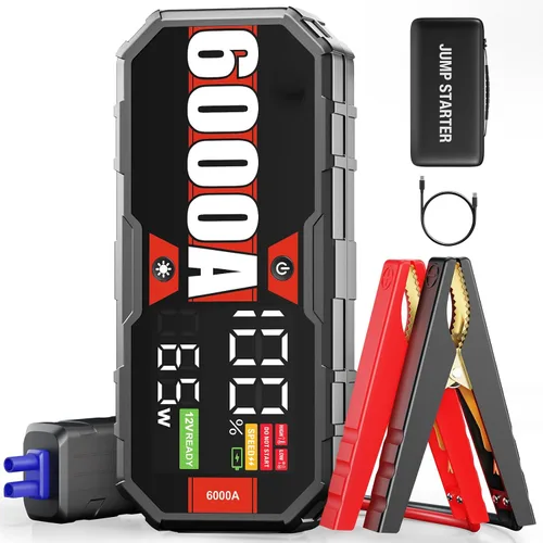 JFEGWO 6000A Jump Starte, Paquete de Refuerzo para Coche de 12V, para Coche de Gasolina de 13L o Diésel de 13L Arrancador Portátil de Batería,