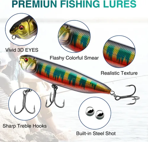 Miniatura 2 de FLISSA Juego de 5 señuelos de pesca de agua superior, señuelos de pesca de lubina para agua dulce y salada, señuelo duro realista, señuelo de pesca