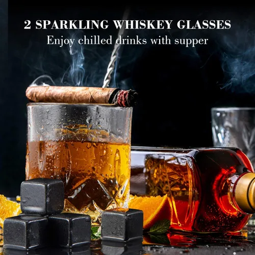 Miniatura 6 de Juego de 2 vasos de whisky para hombres, paquete de 2, vasos de whisky whisky bourbon escocés de 10 onzas, 8 rocas escalofriantes con pinzas