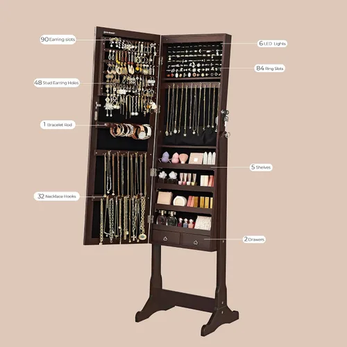 Miniatura 4 de SONGMICS - Armario de joyería con espejo y con 6luces LED, organizador de joyería de pie con espejo y con cerradura, 2cajones, color marrón UJJC94K