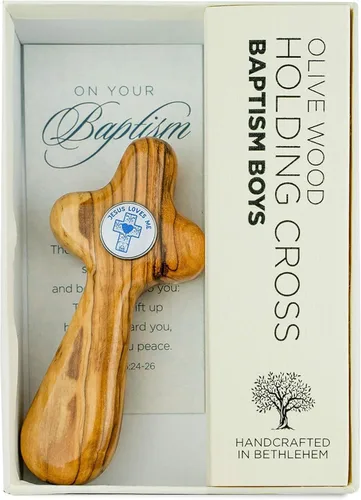 Caja de regalo de cruz de bautismo de madera de olivo para niños, cruz de madera hecha a mano de lujo de Tierra Santa de Belén, recuerdo de bautismo