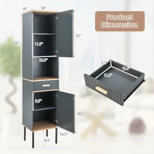 Miniatura 3 de Tangkula Armario alto de baño, armario de almacenamiento independiente con puertas gabinete, compartimento abierto y cajón, torre estrecha