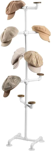 Miniatura 10 de MyGift Estante industrial de metal marrón oscuro con 10 perchas redondas de madera quemada rústica para sombreros, soporte decorativo con ganchos