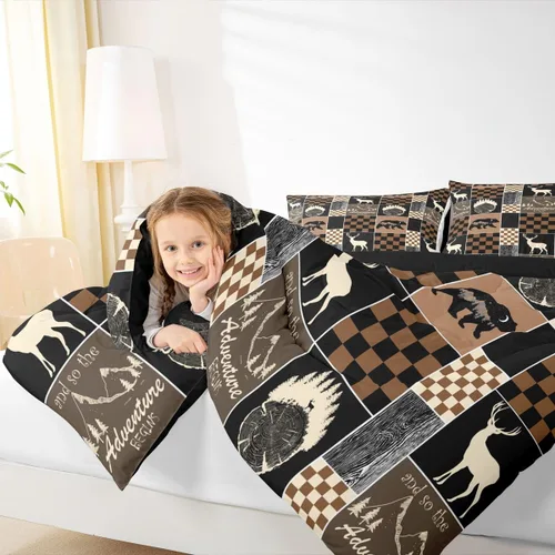 Miniatura 61 de Juego de edredón de oso y ciervo, tamaño individual, ropa de cama de animales salvajes de caza, colcha rústica de cabaña, casa de campo, cuadros
