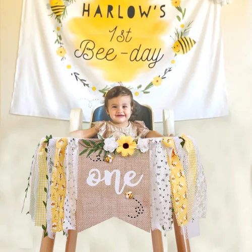 Miniatura 2 de OTURGC Cartel de primer cumpleaños para silla alta con temática de abeja, patrón multicolor de abeja y flores, cartel rectangular de lino de 80 x