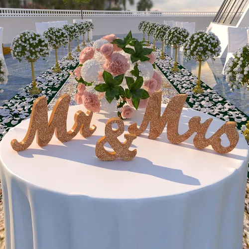Miniatura 4 de Señal de Mr & Mrs para mesa de boda, letrero grande de madera de oro rosa con texto en inglés "Mr and Mrs & Just Married", decoración de mesa