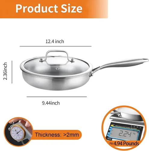 Miniatura 8 de DELARLO Sartén de inducción de acero inoxidable tricapa de cuerpo entero para la cocina, 12 pulgadas, de acero inoxidable, sartén apta para horno