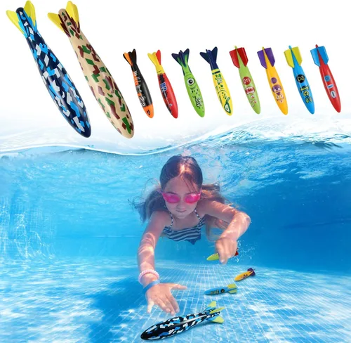 Miniatura 2 de MoKo Paquete de 10 juguetes de torpedo para piscina, 2 cohetes grandes y 8 pequeños de buceo para niños y adultos, juguetes de deslizamiento