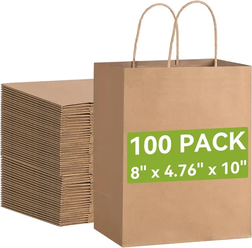 Brothersbox Bolsas de regalo marrones con asas, 100 unidades, 8 * 4.76 * 10 pulgadas, bolsas de papel kraft medianas a granel para manualidades,