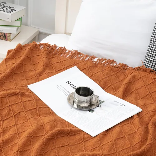 Miniatura 4 de Quinnsus Manta de otoño naranja quemado para sofá, suave y ligera, decorativa, de acrílico, bohemio, manta tejida cálida con borlas para viajes