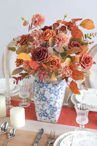 Miniatura 2 de YYHUAWU Flores Artificiales Juego de Caja Combo Color Degradado Flores y Hojas con Tallos para DIY Ramos de Boda Centros de Mesa Baby Shower Fiesta